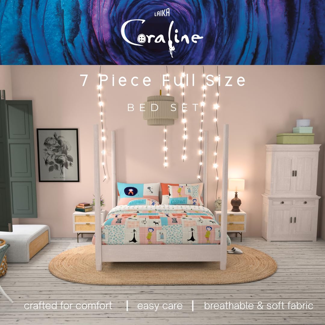 Coraline Kids Bedding Super Soft & Cozy Reversible Microfiber Comforter and Sheet Set with Sham, 7 Piece Full Size, (Officially Licensed Product) By Franco