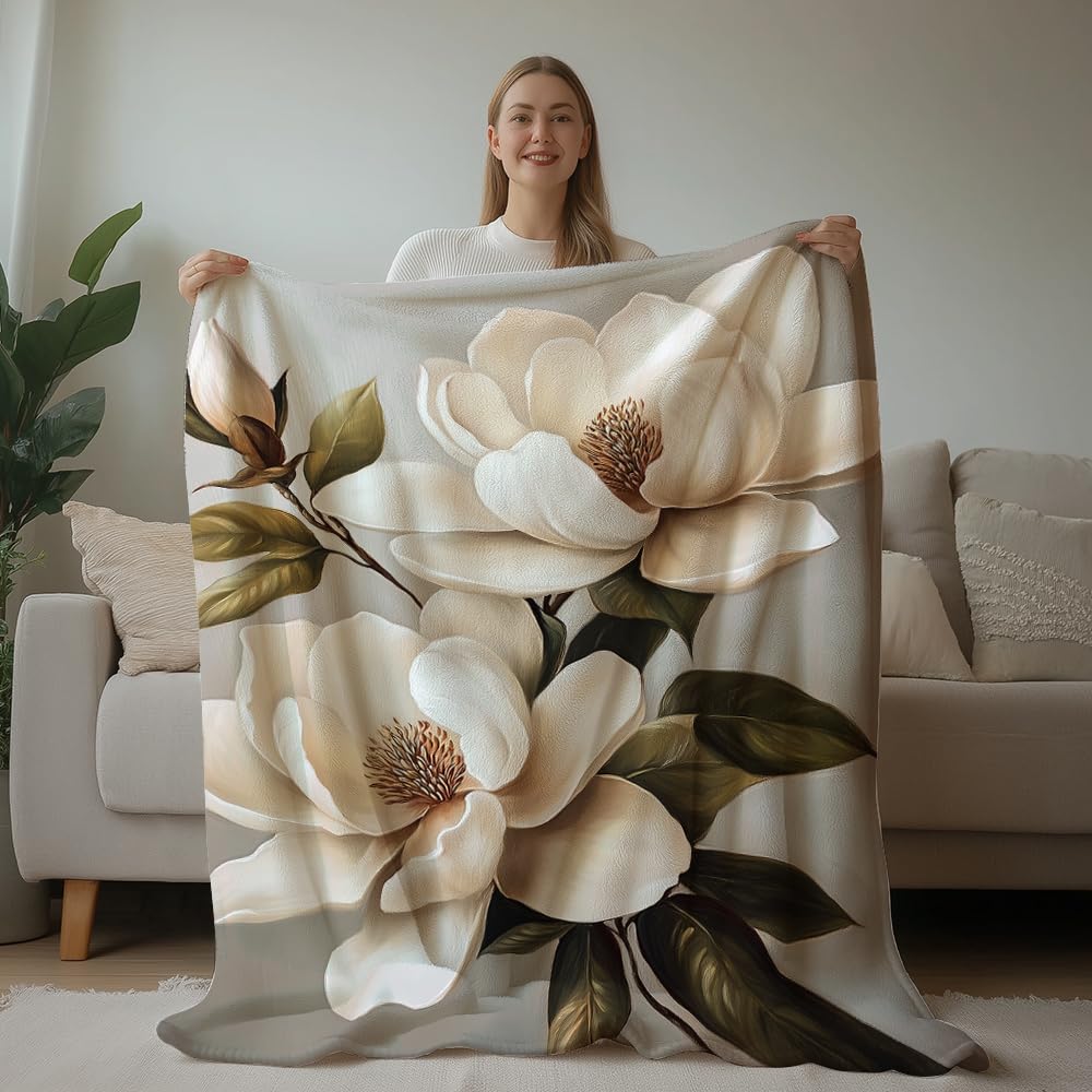 HUNXIAOJ Magnolia Blanket Flower Print Blanket Magnolia Floral Decor Warm Soft Flannel for Teens Adults Bed Sofa Couch (49in x 59in)