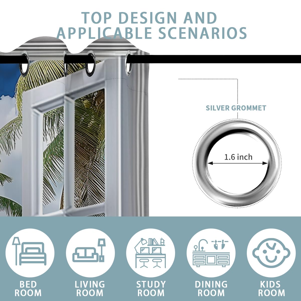 Beach Blackout Curtains for Girls Boys Teens Home Decor, Tropical Summer Scene Ocean Island Palm Tree Grommet Thermal Insulated Drapes Darkening Window Curtain for Bedroom Living Room, 84 x 84 Inch