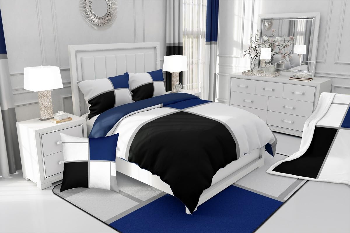 Erosebridal Geometric Duvet Cover Queen for Adults Teens,Black and White Abstract Comforter Cover,Navy Blue Striped Grid Bedding Set for Minimalist,Modern Patchwork Bed Set(No Comforter)