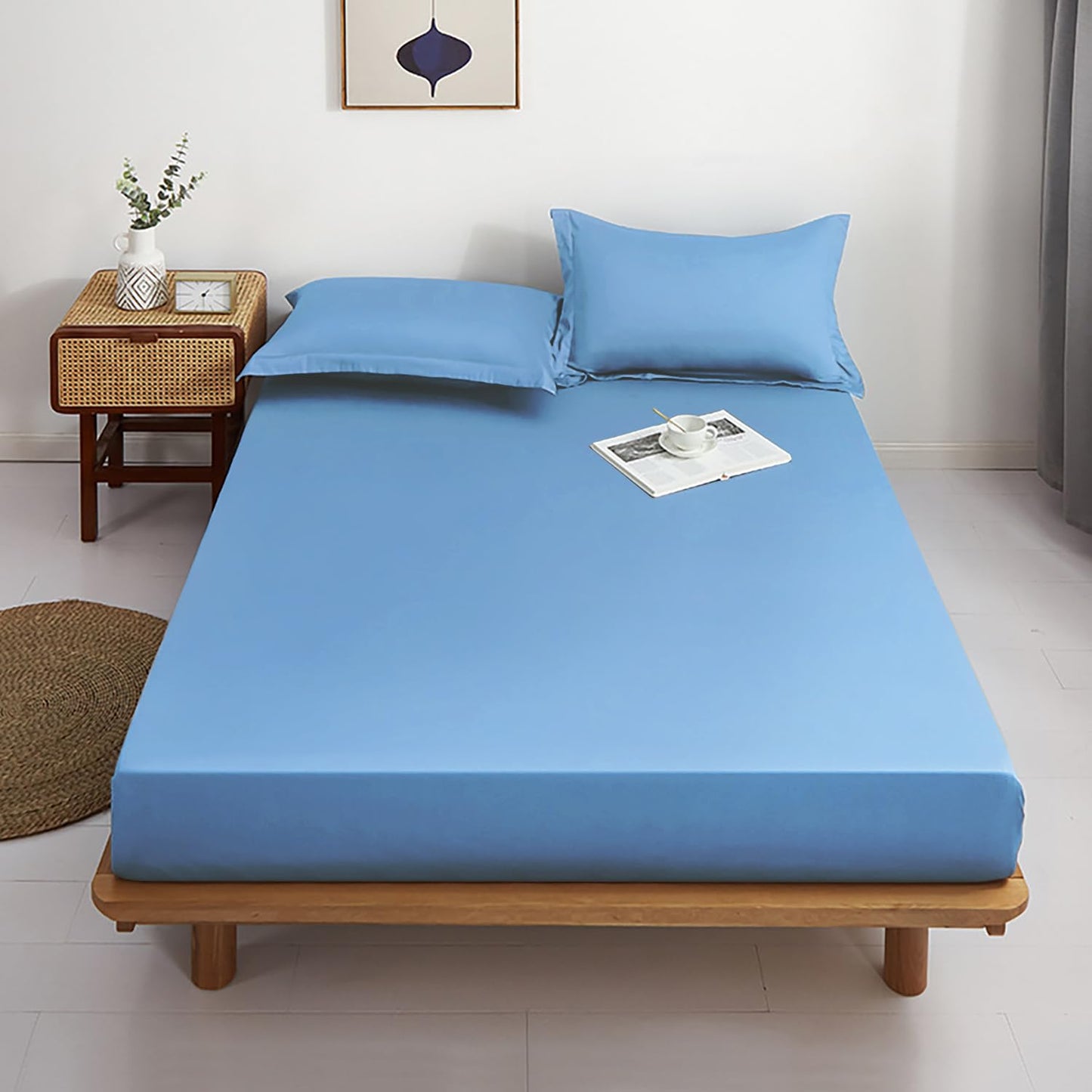 Lirex Cotton Queen Fitted Sheet Only, 300 Thread Count Soft Breathable, 8-10" Deep Pocket Sheet for Hotel Home, Sky Blue