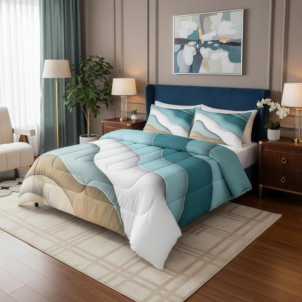 Abstract Ombre Comforter Set Ocean Waves Bedding Set Decor Blue Sea and Beach Quilt Set Tropical Summer Contemporary Duvet Insert Teens Kids Adults Room Decor 3pcs Queen Size