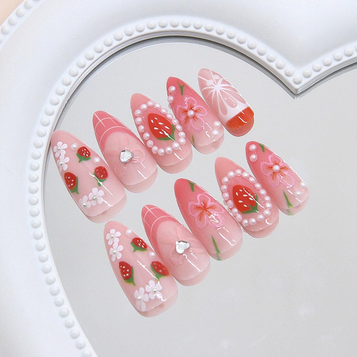 Press on Nails Almond Medium Fake Nails French Tip False Nails Press ons with Strawberry Pearl Design Glue on Nails Artificial Acrylic Nail Art Glossy Full Cover Stick on Nail Supplies for Women 24Pcs