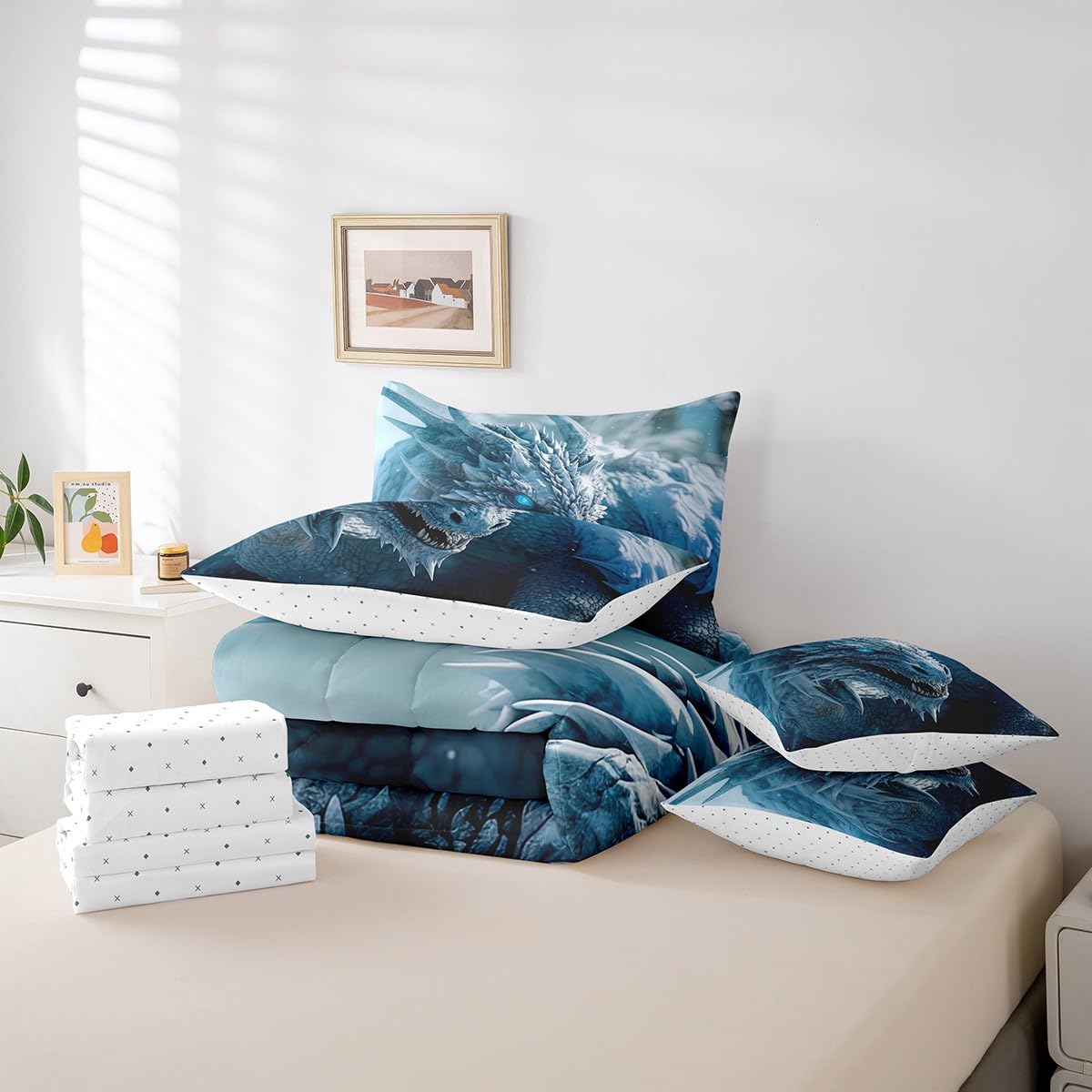 7Pcs 3D Dragon Comforter Sets & Collections Ice Dragon Queen Size Bedding Sets for Boys 3D Blue Dragon Comforter with Sheets, Mysterious Wildlife Style Quilt Comforter Set Bed in a Bag 7-Piece
