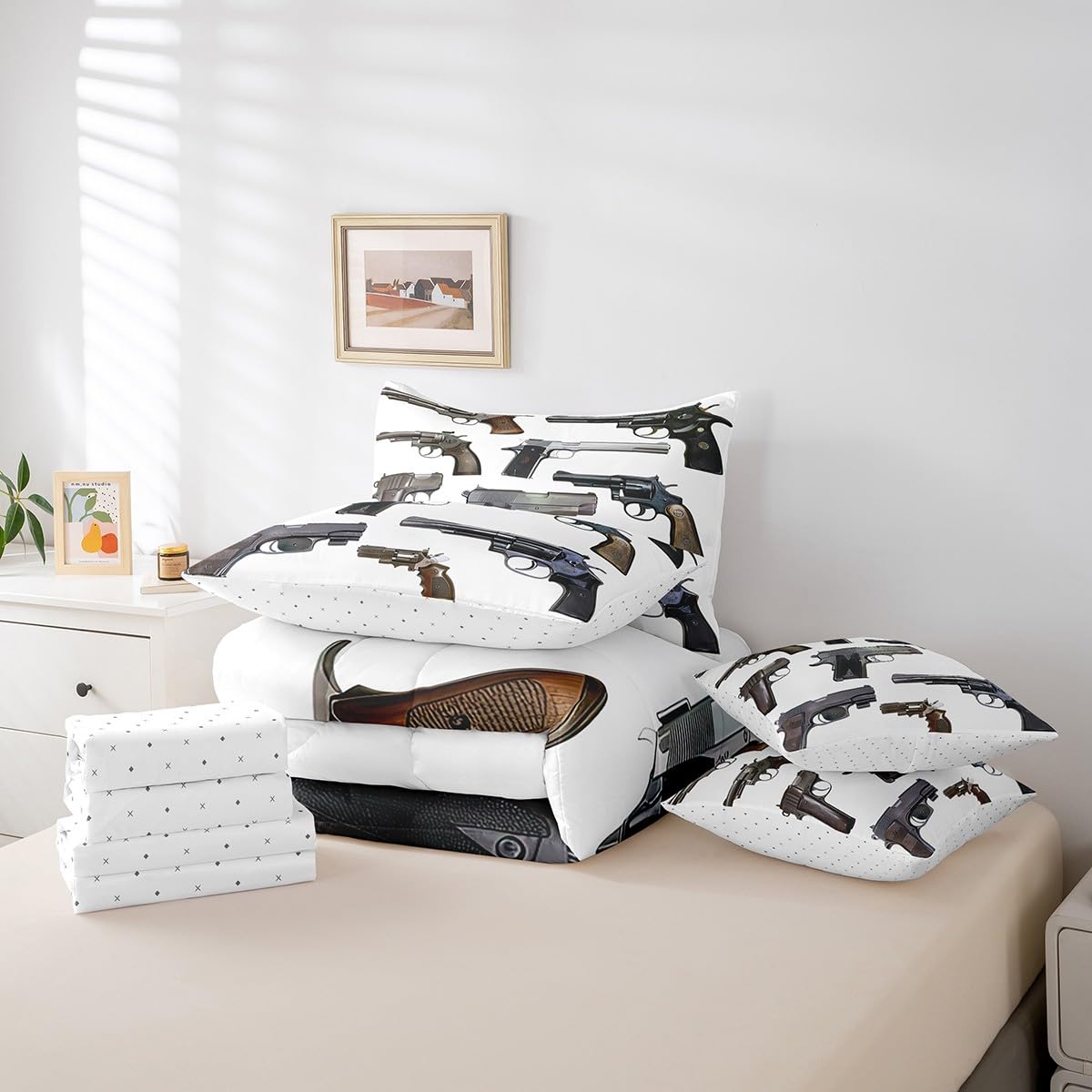 Erosebridal Guns 7 Piece Comforter Set Full Bed in a Bag,Firearms Bedding Sets Handgun Sheet Set with Comforter