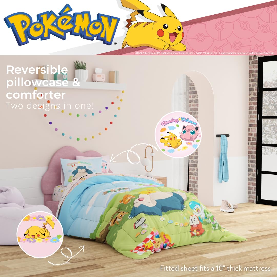 Pokemon Bedding Super Soft Comforter and Sheet Set with Sham, 5 Piece Full Size, Featuring Snorlax, Pikachu, Eevee & Jigglypuff (Officially Licensed Product) by Franco