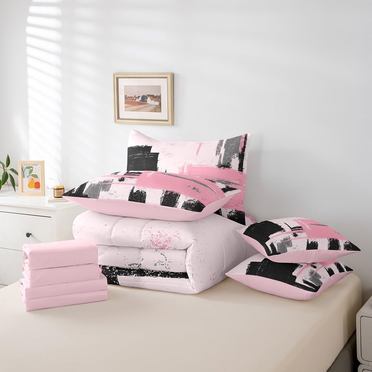 Feelyou Abstract Bed Set Includes Comforter, Sheet Set, Pillowcases & Pillow Covers Modern Abstract Art 7 Piece Bedding Set Children Pink Black Pattern Bedding Set Queen Size