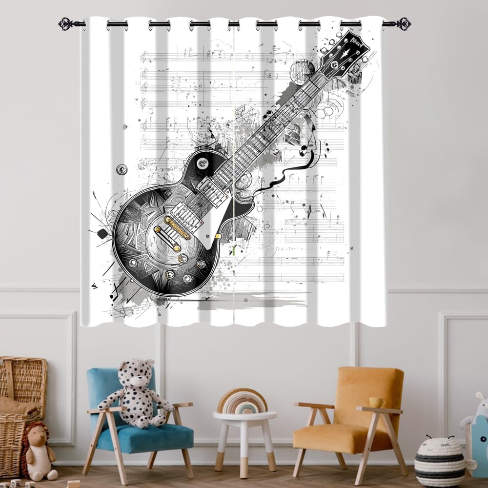 XSUPFLYM Classic Musical Notes Guitar Window Blackout Curtains Beautiful Abstract Rock Music Theme Black&White Guitar Thermal Curtains Suitable for Bedroom 2 Panels.Each 21" W x 45" L