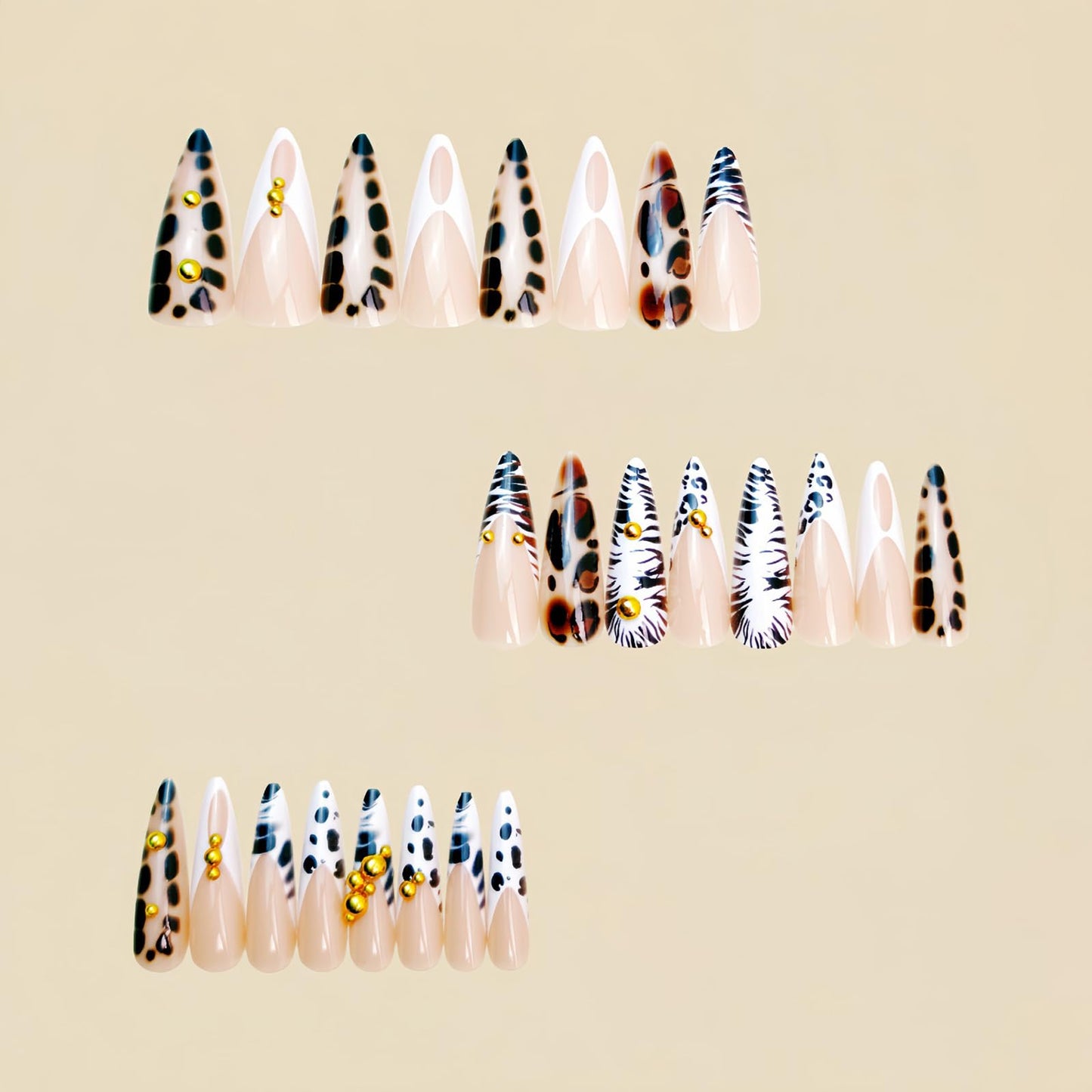 SINHOT Stiletto Press on Nails Long - Long Fake Nails, Glossy Finish, Zebra Stripes & Gold Chrome Pearls, DIY Artificial False Nail Art - 24 Pcs Nail Kit with Glue