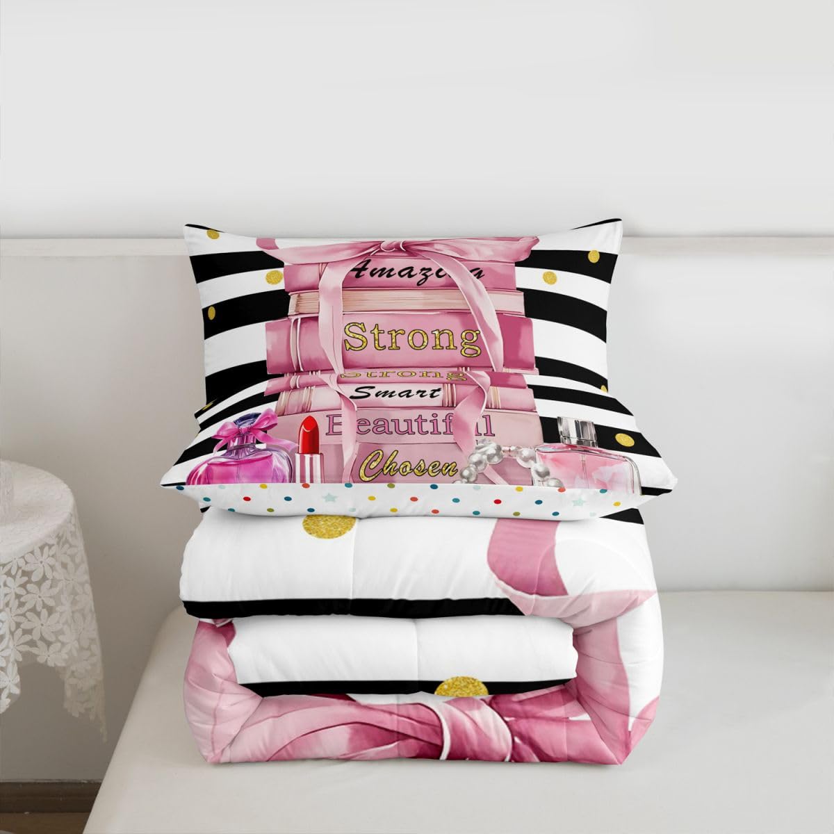 Erosebridal Pink Cute King Bedding Set Girly Fashion Bow Comforter Set for Girls Teens Kids Women Modern Black and White Stripe Quilt Positive Quotes Books Pearl Perfume Bed Sets