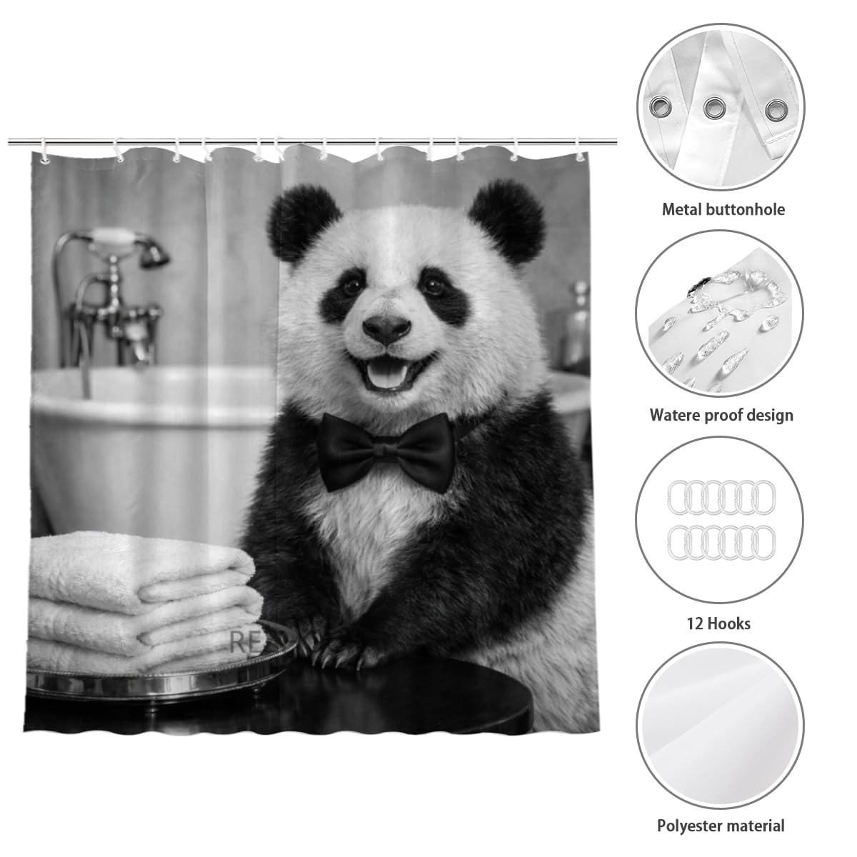 REZHOCH Black and White Shower Curtain 72x72Inch,Fun Panda with Bow Tie Home Bathroom Decor,Animal Luxury Hotel Holiday Waterproof Fabric Modern Bathtub Bath Set with Hooks