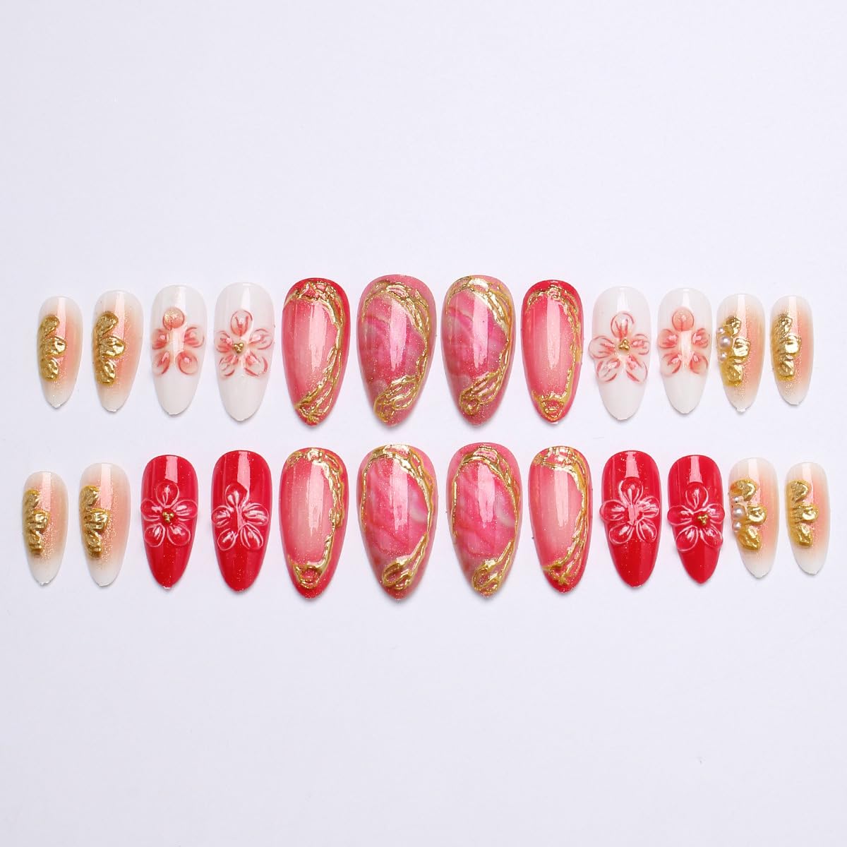 24Pcs Medium Almond Press on Nails Spring Summer Fake Nails with 3D Flowers Pearl Rhinestones Designs Full Cover Gold French Tip Stick on Nails Pink Flowers False Nails for Women Acrylic Nail Salon