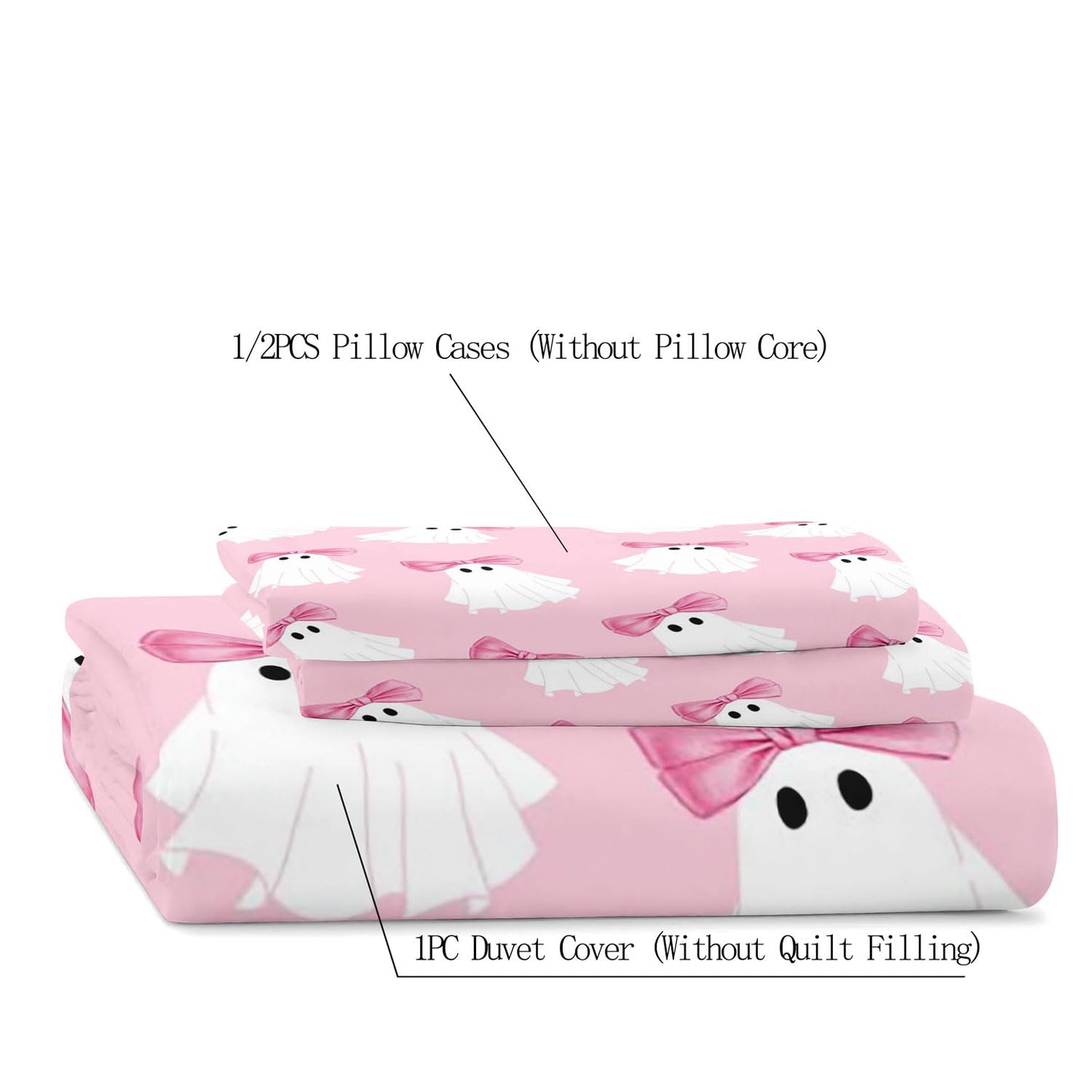 LUVIVIHOME 3PCS Pink Bow Kawaii Ghost Duvet Cover Queen Bedding Set, Teen Girl Bedding, Light Pink Duvet Cover, Halloween Spooky Cute Kids Comforter Cover, Coquette Room Decor Aesthetic 2 Pillow Cases