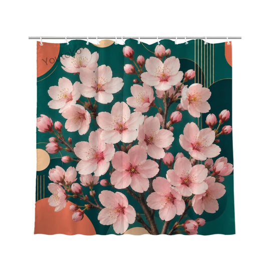 Youtoko Watercolor Floral Cherry-Blossom Shower Curtain 72x72 with 12 Hooks Teal Geometric Round Line Background Waterproof Washable Polyester Bathroom Decor