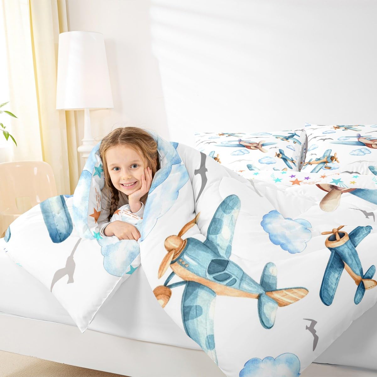 Erosebridal Boys Cartoon Propeller Plane Full Comforter Set, Aircraft Airplane Bedding Set, Blue Clouds Comforter for Kids Child Girls Adults Bedroom, Flying Birds Animals Duvet Insert