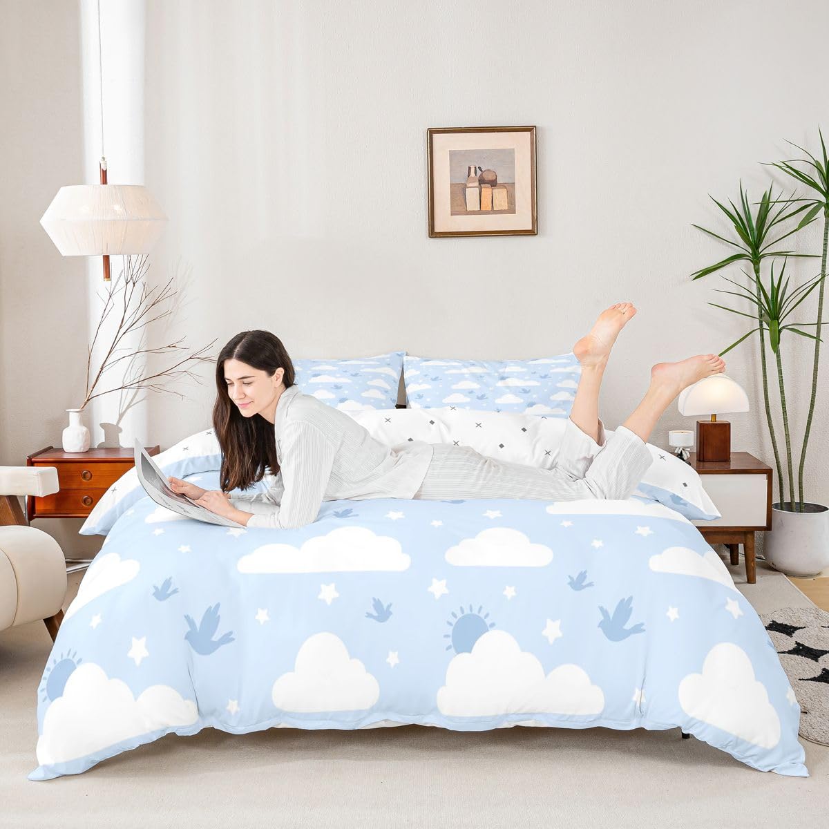Erosebridal Cloud Duvet Cover Twin Star Pattern Bird Comforter Cover for Kids Teens Cartoon Cloud Sky Bedding Set Blue Sky and White Clouds Bed Set