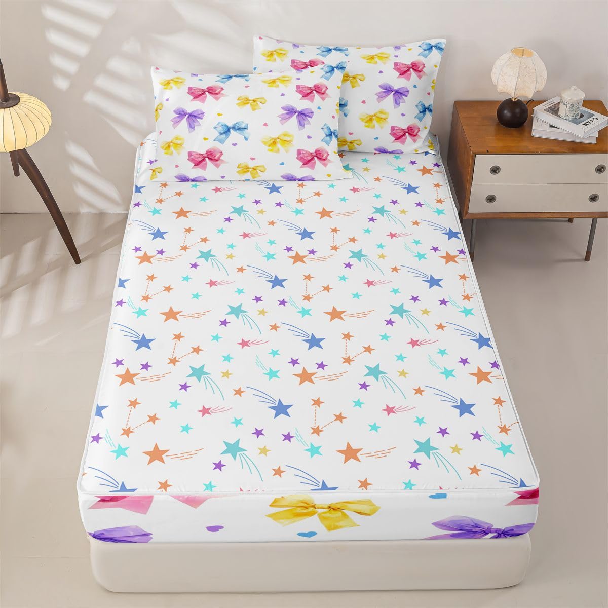 Feelyou Bow Zipper Bedding Queen Bowknot Comforter Set with Fitted Sheet and Pillowcases Kids Boys Girls Kawaii Zipper Bedding Sets Heat Love Bedroom Decor Cute Bow Gilfts