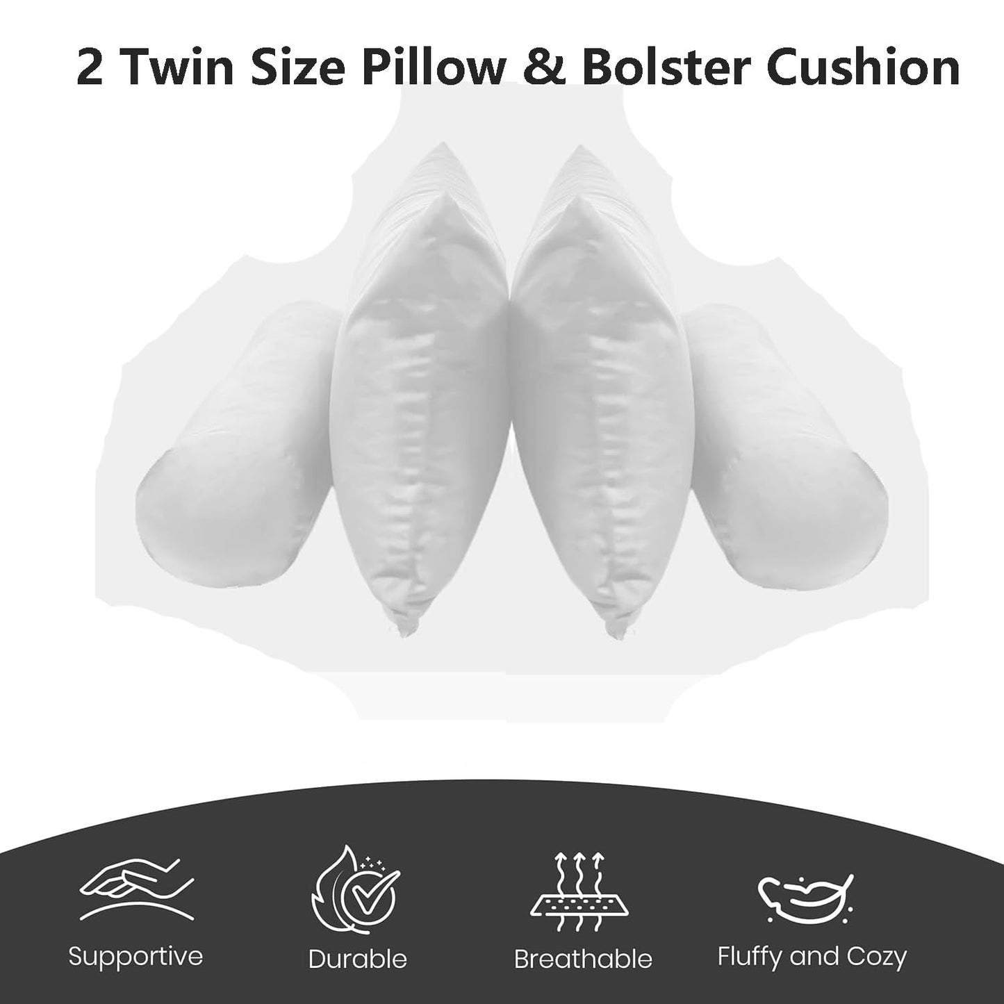 Oslimea Twin Size Pillow & Bolster Cushion Memory Sponge Fiberfill Inserts Replacement Set for Outdoor or Indoor Daybed and Porch Swing Bed, Insert ONLY