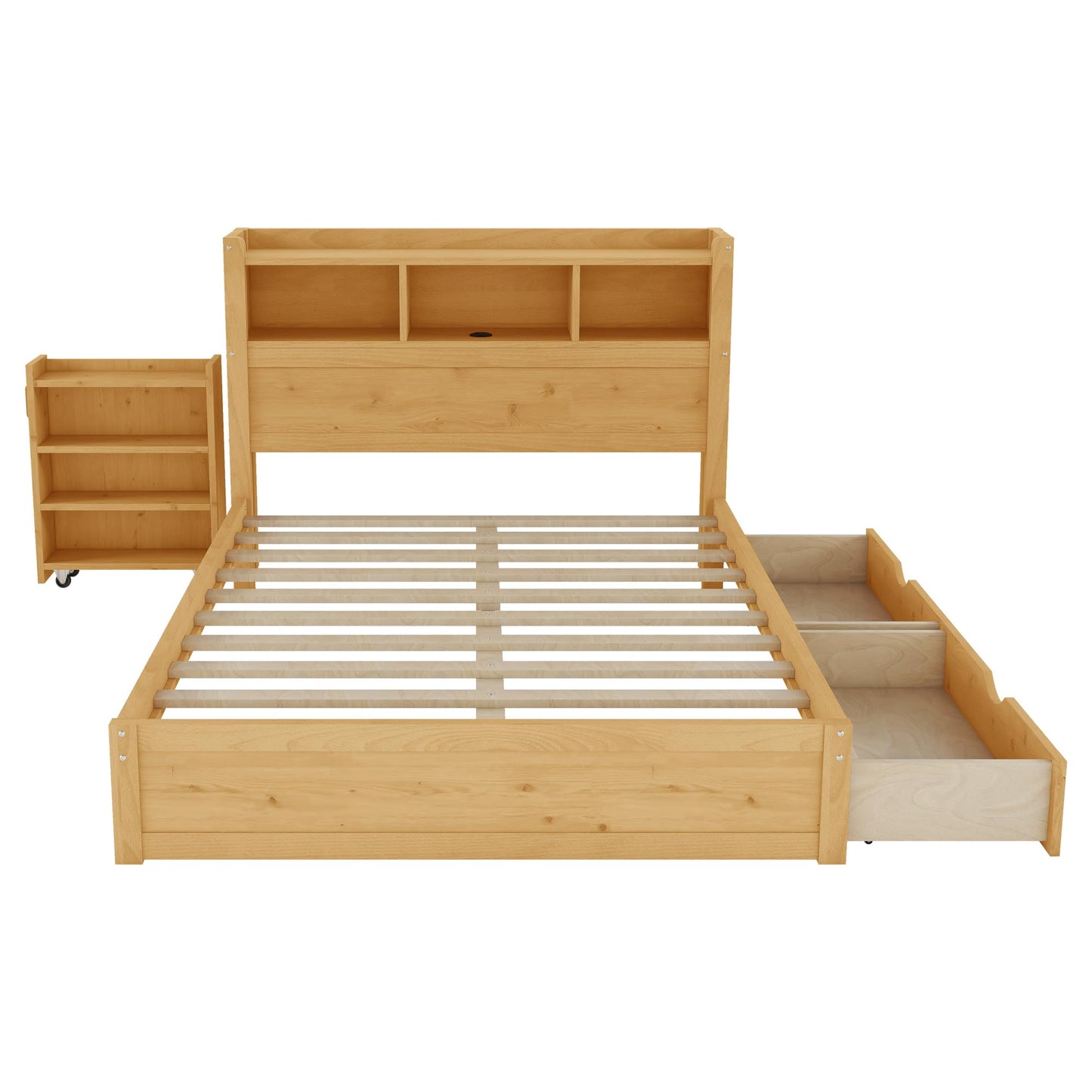 KEIKI Full Size Wood Platform Bed Frame with Storage Headboard & Pull Out Storage Cabinet & 2 Drawers, Modern Bed with Solid Slats & Socket, No Box Spring Required, Easy Assembly, for Bedroom, Natural