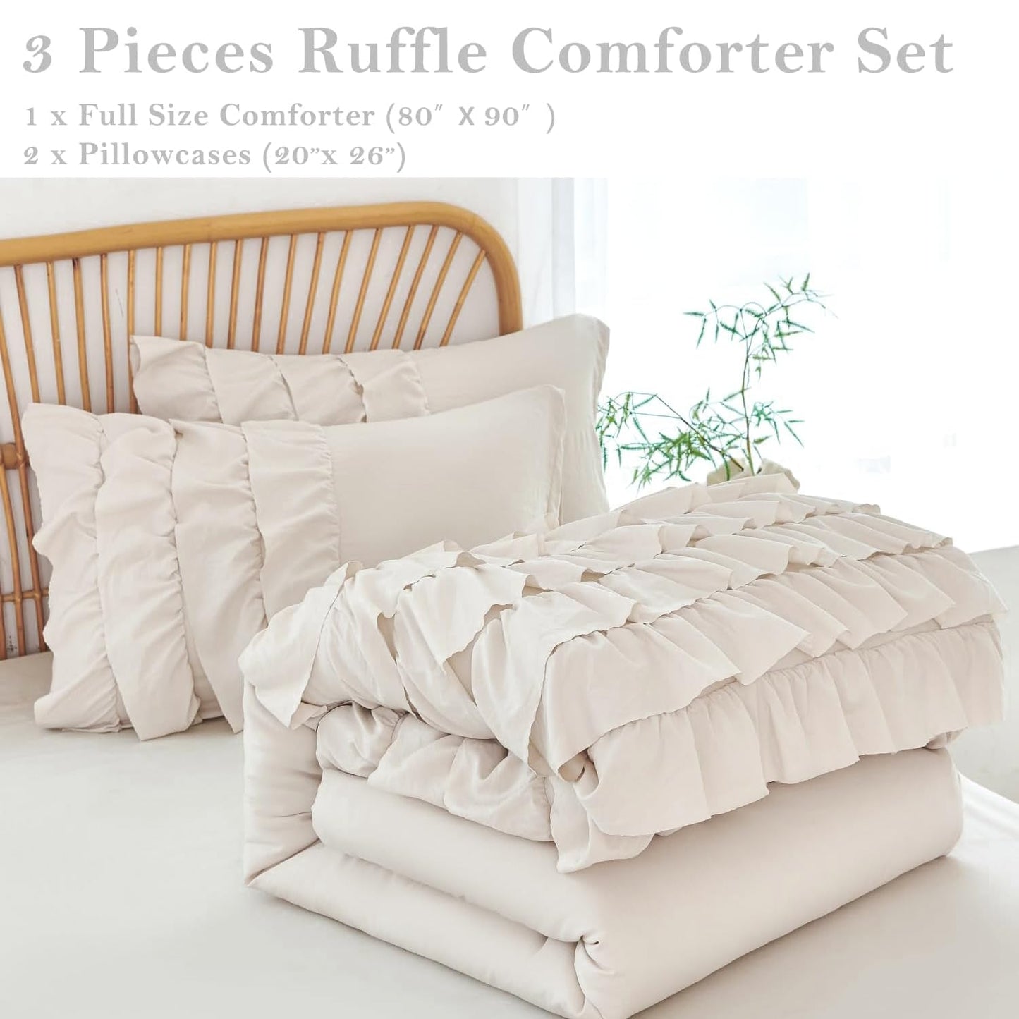 PERFEMET Queen Comforter Set 3 Pieces Beige Ruffled Comforter Set Shabby Chic Bedding Sets for Women Teen Girls Fluffy for All Season