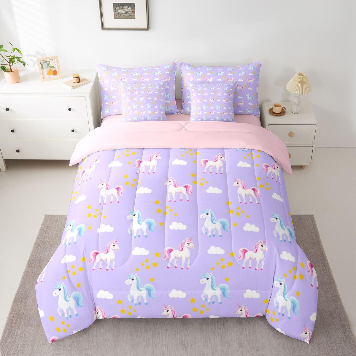 Erosebridal Pink Unicorn 7 Piece Bedding Set King Girly Comforter Set with Sheets Girls Stars Cloud Cute Blue Unicorn Bed in a Bag Princess Purple Dreamy Kawaii for Kids Boys Girls