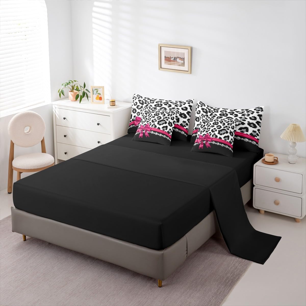 Feelyou Grey Leopard 7 Piece Bedding Set Queen Size Plum Red Bowknot Comforter Set with Sheets for Kids Girls Women Diamond Bed in a Bag Animal Print Bed Set