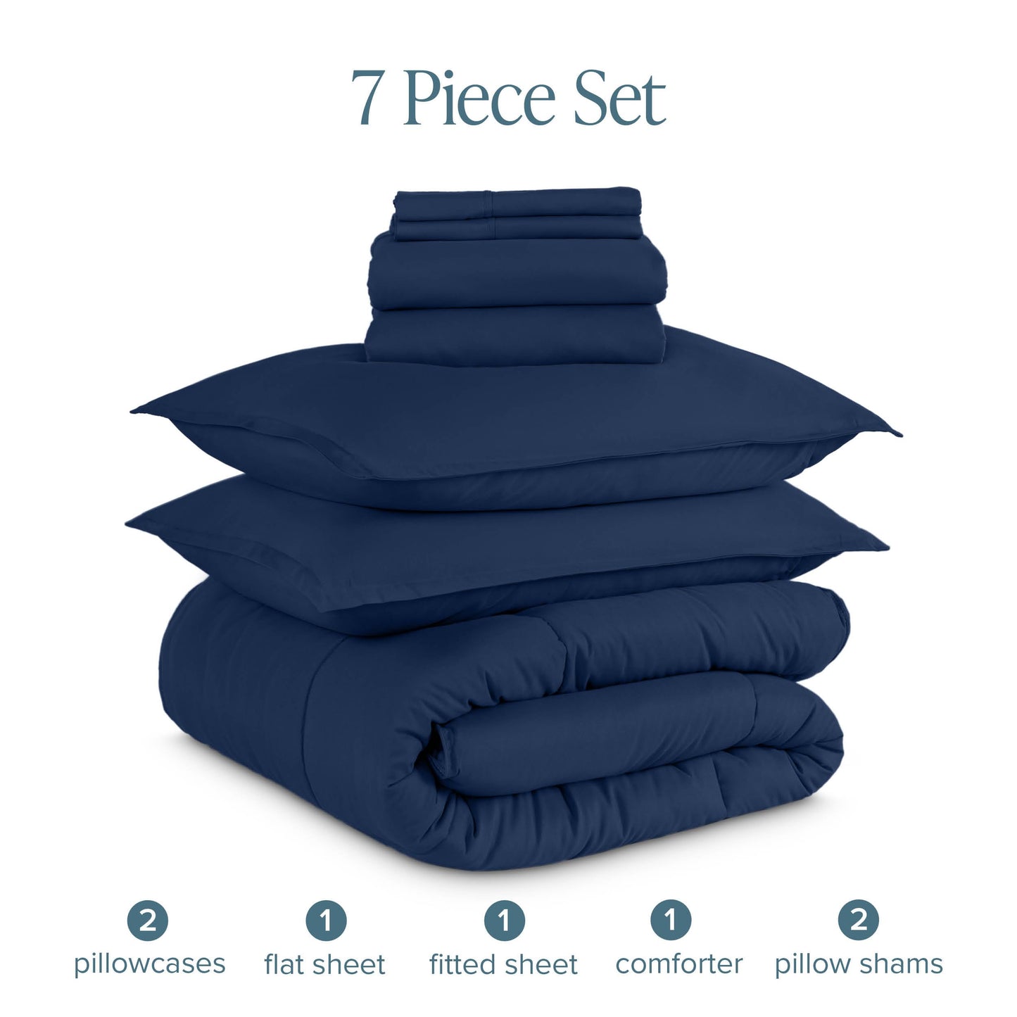 Bare Home Bed-in-A-Bag 7 Piece Comforter & Sheet Set - Queen - Goose Down Alternative - Ultra-Soft 1800 Premium - Bedding Set (Queen, Dark Blue/Dark Blue)