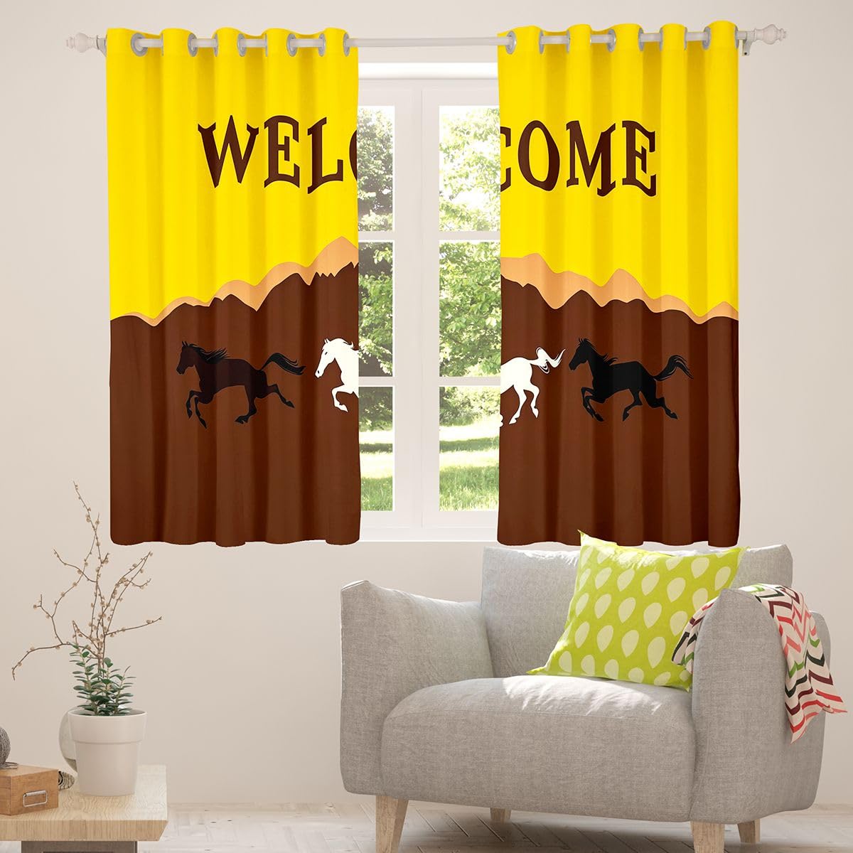 Feelyou Horse Curtains for Bedroom Living Room Galloping Horse Blackout Darkening Drapes Cute Animal Decor Window Treatments, 2 Panels 38 x 54 Inch Kawaii Room Decor Yellow Brown Black