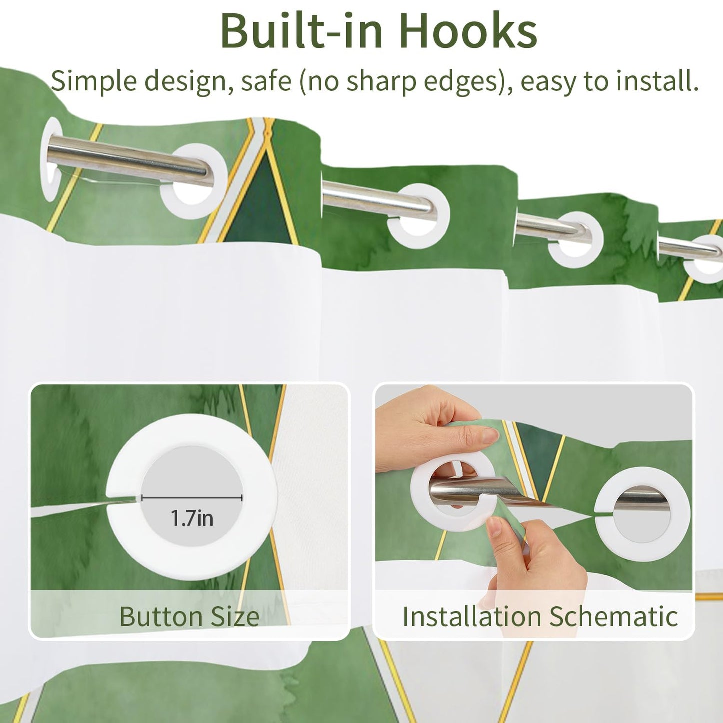 NAEMBCU Green Geometric No Hook Shower Curtain with Snap in Liner Set 71x74