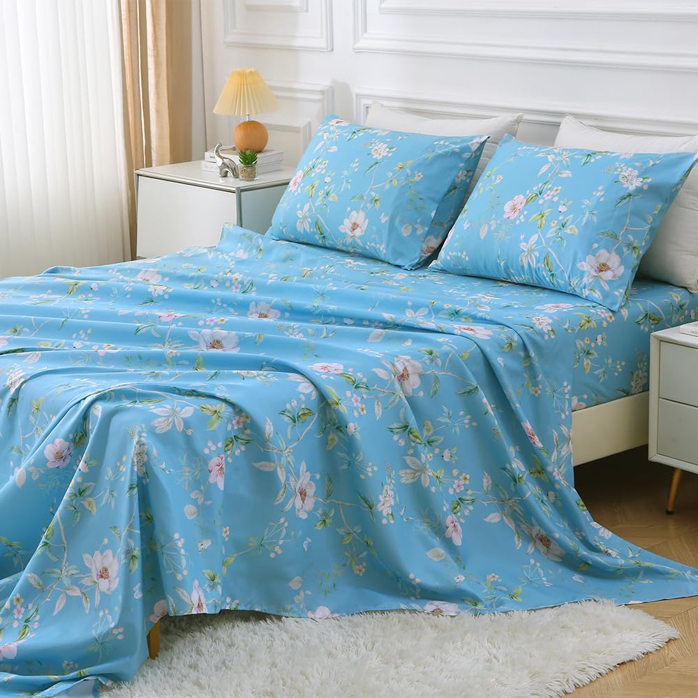 MUXHOMO Full Size 4 Piece Sheet Set, Soft & Breathable Sheet Set for Bedroom with Deep Pocket Up To 16", Wrinkle-Free & Cooling Bed Sheet with Flat Sheet, Fitted Sheet & Pillowcases - Magnolia Blossom