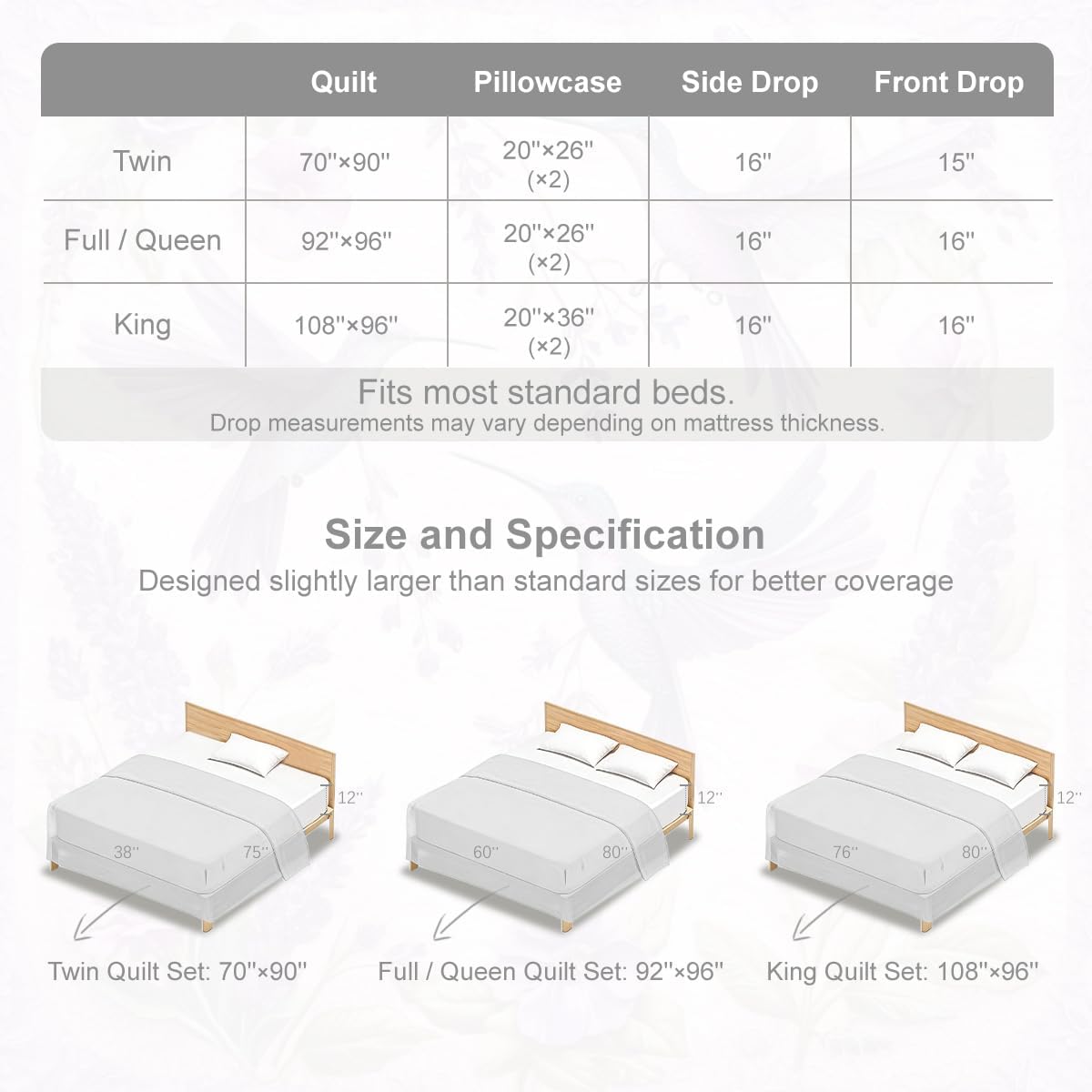 ARIGHTEX Flower Bird Quilt Set Queen Size Lavender Hummingbird Floral Bedding Set Lightweight Botanical Quilt Soft Microfiber Bedspread Coverlet Spring Bedding Set with Matching Pillow Shams