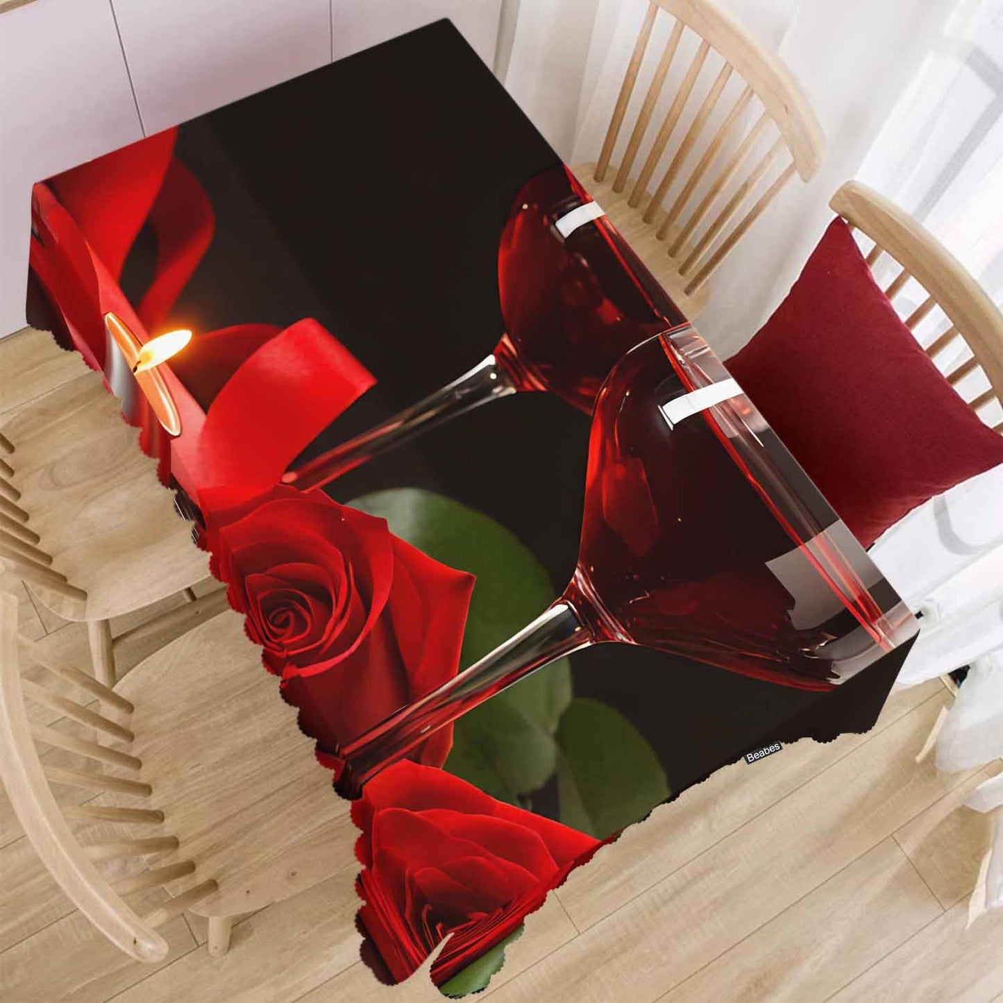 Beabes Wine Table Cloth Rectangle Table 52"X70", Romantic Red Wine Glasses Rose Wipeable Table Cover for Dinner Kitchen, Indoor Outdoor Tablecloth for Party Banquets Weddings