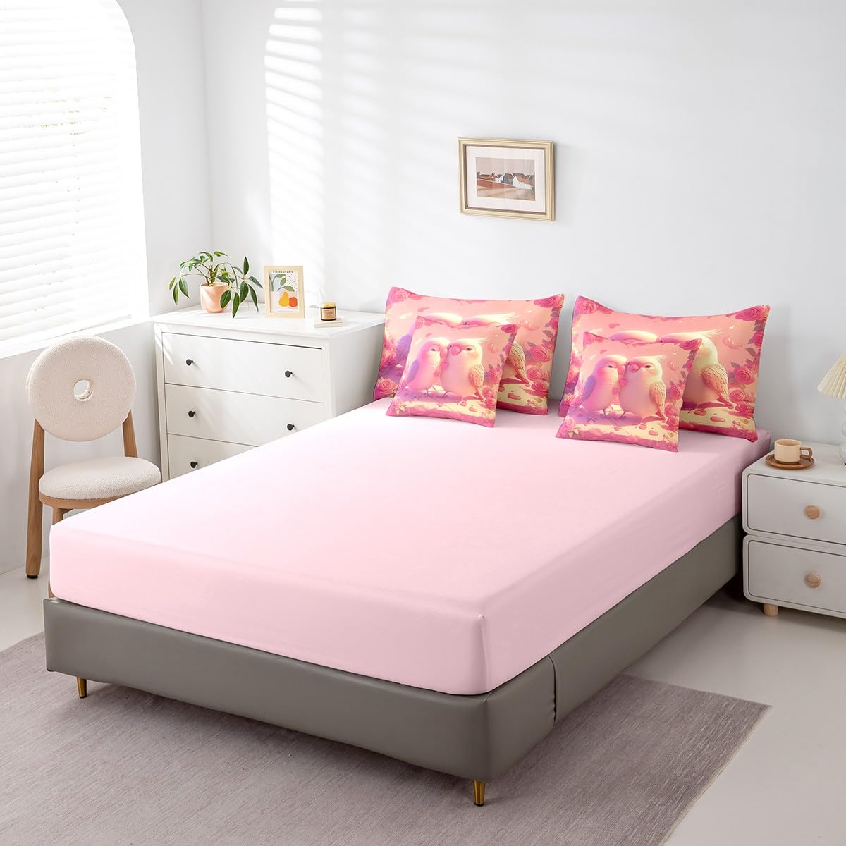 Erosebridal Cute Cardinal Couple Full Comforter Set for Girls Women,Pink Roses Valentine's Day Bed in A Bag Cartoon Animal Lovers 7 Piece Bedding Set Romantic Love Heart Flowers Bed Set