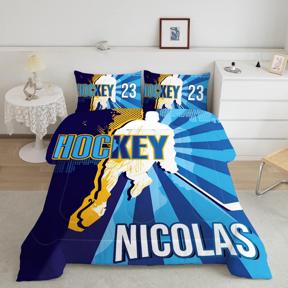 WAZARO Custom Amazing Ice Hockey Comforter Set, Personalized Hockey Bedding Twin Full Queen King, Hockey Decorations for Boys Room Bedspreads Sport Home Decor (Cool Hockey Player)