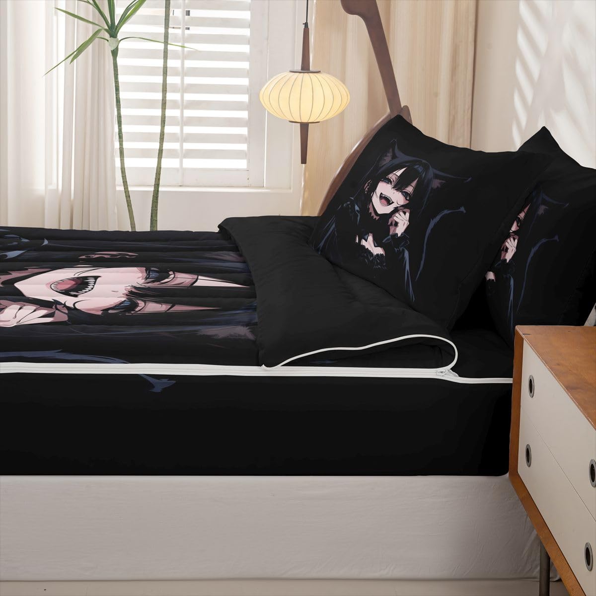 Erosebridal Anime Girl Zipper Bedding Twin Size, 3D Japanese Kids Comforter Set - Gothic Style Cat Girls Zip Up Comforter Bed in A Bag