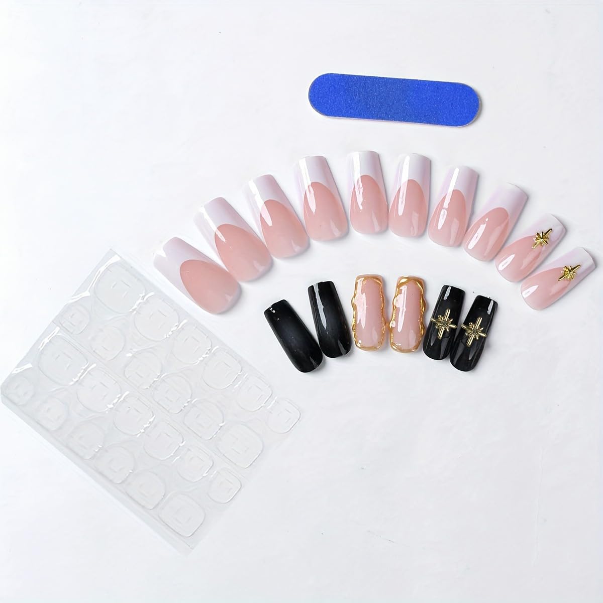 French Tip Press on Nails Medium Square Fake Nails with 3D Gold Rose, Star, Charms Designs Full Cover Glossy False Nails Press ons Stick on Nails for Women Manicure 24Pcs