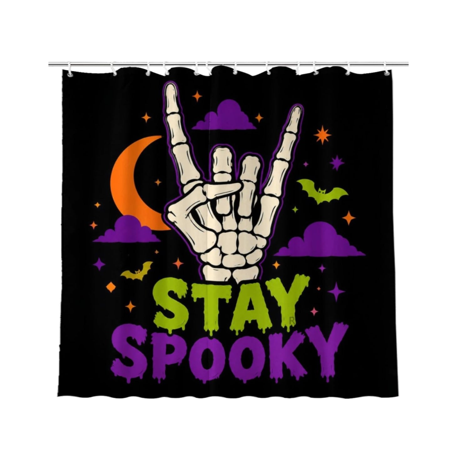 REZHOCH Skeleton Hand Shower Curtain 72x72 Inch,Stay Spooky Bone Hand Moon Bat Gothic Halloween Cartoon Art Bathroom Decor,Creepy Funny Bath Set with Hooks