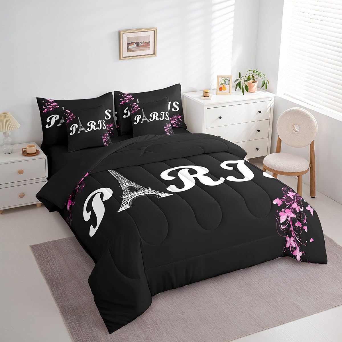 Erosebridal Paris Comforter Set 7 Piece Bed in a Bag Twin,Eiffel Tower of France Bedding Sets Romantic City Building Comforter and Sheet Set,Pink Flowers Bed Set