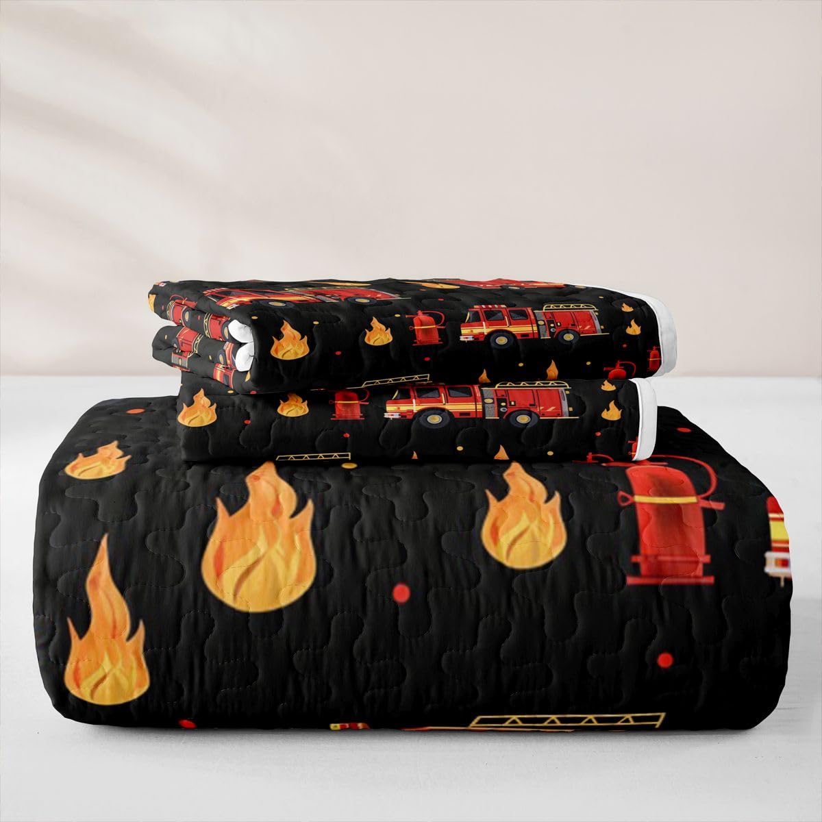 Erosebridal Fire Truck Quilt Set Twin Size Black and Red Bedspread Set Cartoon Red Firemen Car Quilts for Kids Boys Teens Adults Fire Engine Quilt Bedding, Lightweight