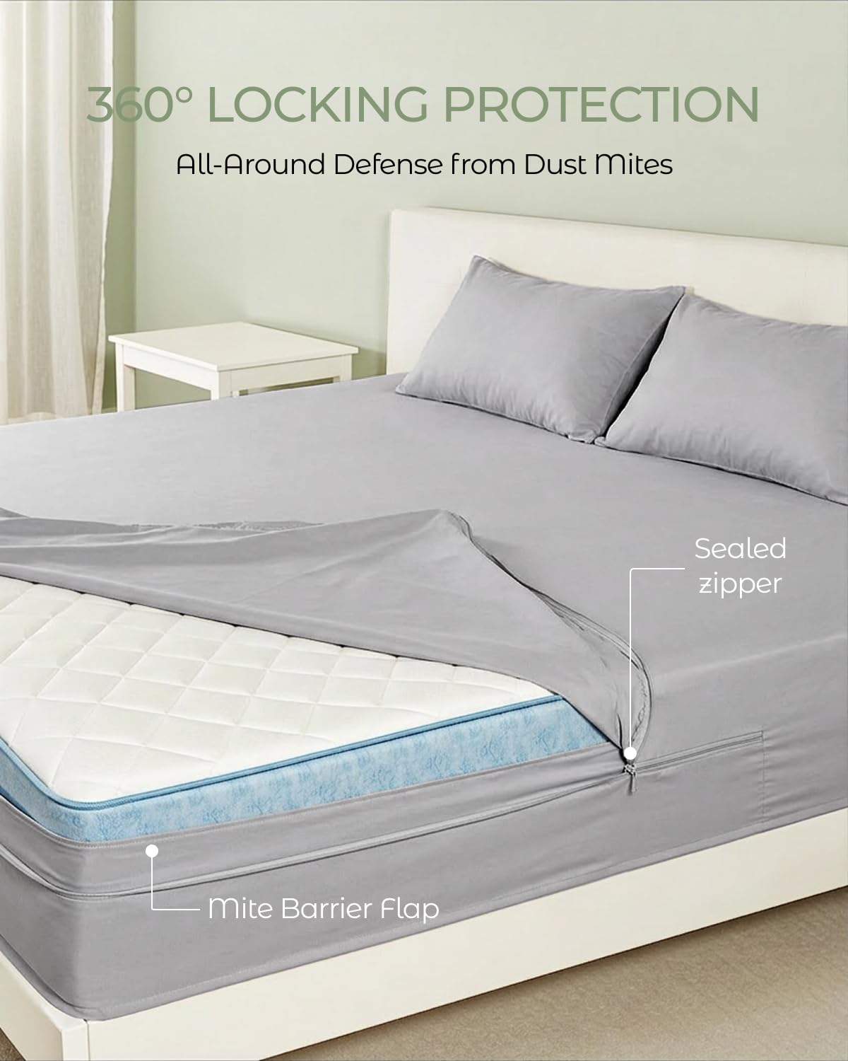 FAUNNA 100% Cotton Mattress Encasement, Bed Bug and Dust Mite Proof Mattress Protector Hypoallergenic & Antibacterial Protection, Noiseless Zippered Six-Sided Mattress Cover Gray (Queen 12" Deep)