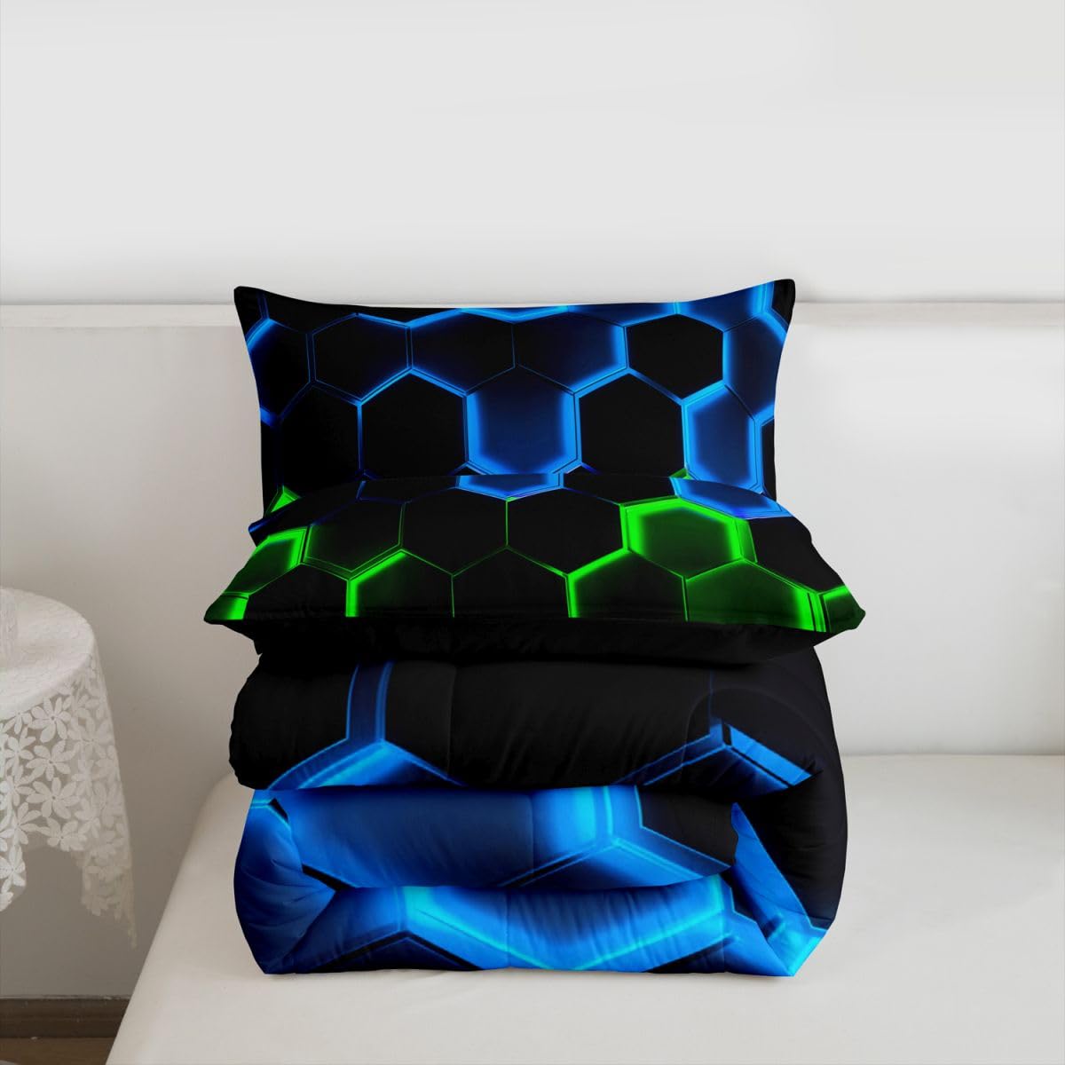 Castle Fairy Honeycomb Bedding Comforter Set Twin Size,Hexagon Theme with Green Blue Neon Lights Quilt Set,Boys Teen Man Chic Creative Home Bedding Set 2pcs Duvet Insert with 1 Pillowcase,Black