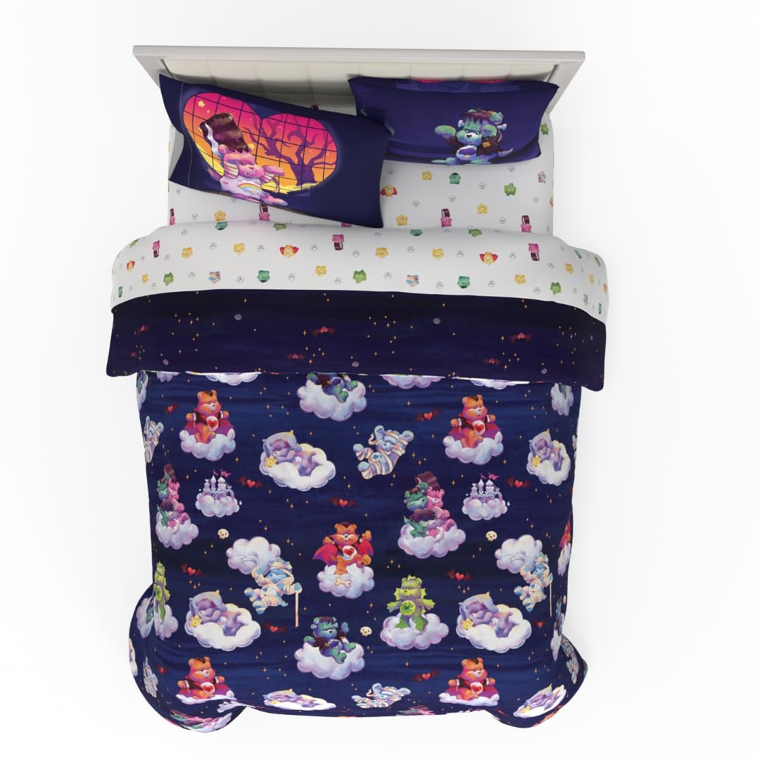 Care Bears x Universal Monsters Halloween Bedding 7 Piece Super Soft Cozy Reversible Comforter and Sheet Set with Sham, Full, (Officially Licensed Product) By Franco