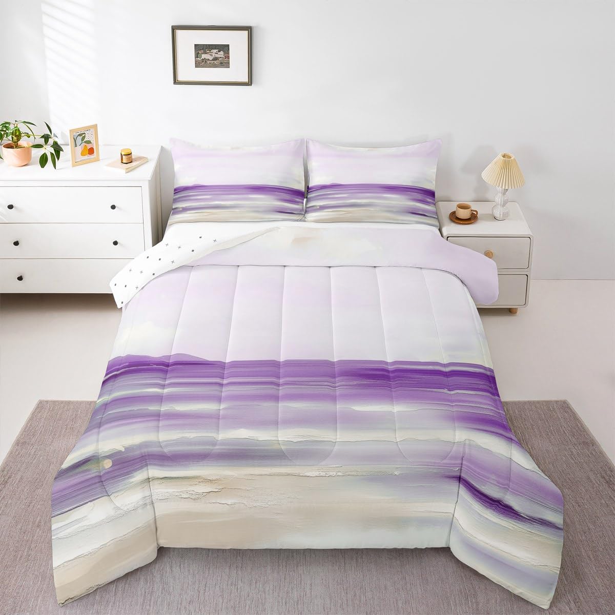 Erosebridal Abstract Beach Comforter Set King Size Purple Oil Painting Bedding Set for Women Girls Ocean Sea Wave Lake Comforter Romantic Summer Natural Landscape Hawaii Quilt