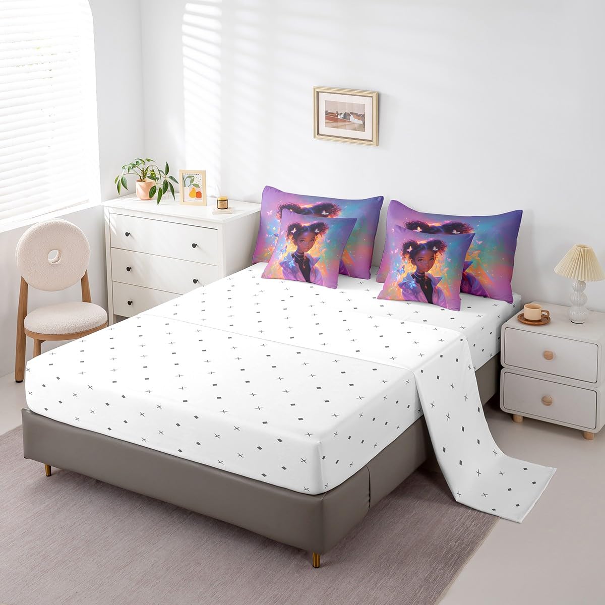 Castle Fairy Cool Girl Bedding Set,Neon Dreamy Butterfly Twin Comforter Set with Sheets for Kids Girls Teens Room Decor,African American Style Bed in a Bag 7 Piece for Bedroom Living Room