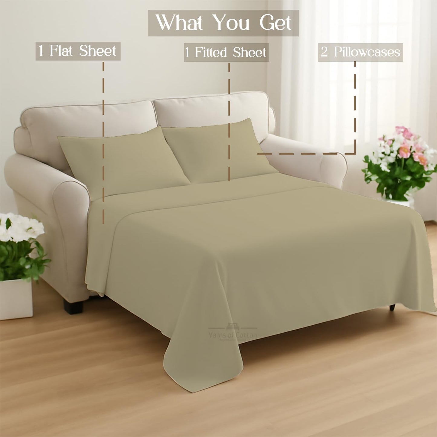 Sleeper Sofa Bed Sheet, 100% Cotton 400 Thread Count, 4 Piece Set, Deep Pocket Fitted Sheet, Soft Wrinkle Free & Breathable, Luxury Hotel Quality, Fits Up to 6 Inch Mattress (Full, Beige)