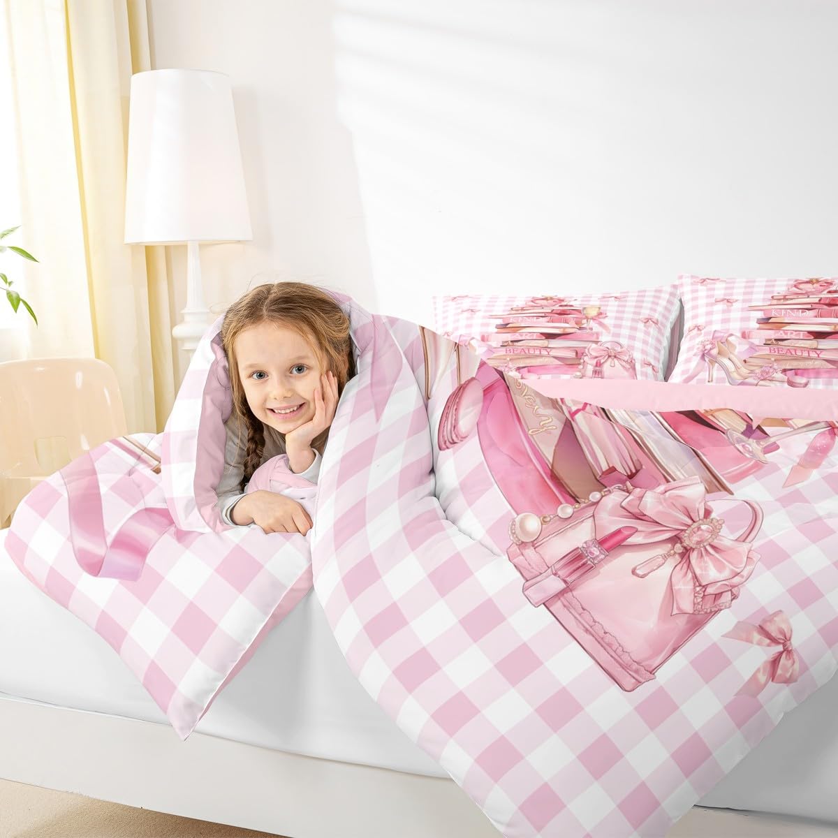 Erosebridal Girly Cute King Bedding Set for Teen Girl Kids | Pink Modern Fashion Comforter Set Pink White Plaid Bed Collections Trendy Coquette Duvet Quilt Sets