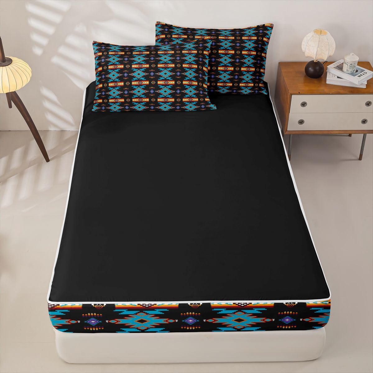 Erosebridal Western Aztec Zipper Bedding Queen Vintage Geometric Zip Up Bedding Set for Boys and Kids, Boho Western Bed in a Bag Native American Rustic Farmhouse Comforter Set with Sheets Black Blue