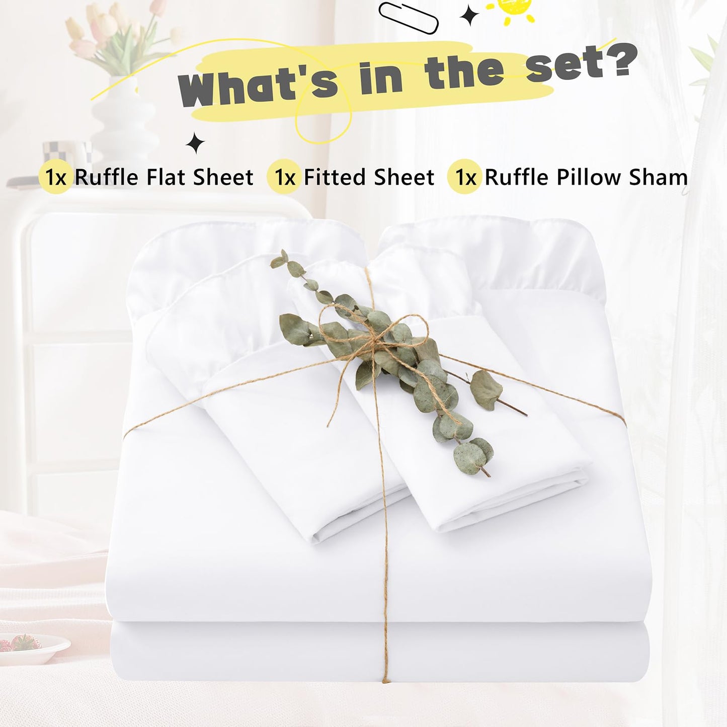 Yvrcen 3 Pieces Ruffle Twin Sheet Set, White Bed Sheets Twin Size, Microfiber Coquette White Sheets with 16 Inch Deep Pocket Fitted Sheet, 1 Ruffled Flat Sheet & 1 Ruffled Pillow Shams