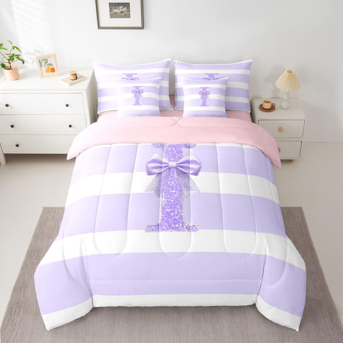 Erosebridal Monogram Letter I Kids Bed in A Bag Purple Bow Initial Letter Comforter Set Full Size Modern Aesthetic Stripes 7 Piece Bedding Set for Girls Teens Women Kawaii Glitter Bowknot Bed Sets