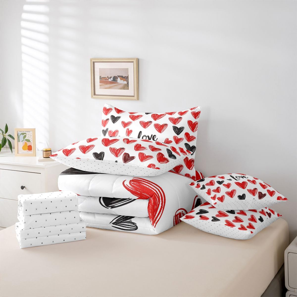 Erosebridal Couple Love Comforter Sets with Sheets - Red and Black Love Hearts Bedding Set Full for Boys Girls Romantic Gifts 7Pcs Bed in A Bag Valentines Day Bed Set
